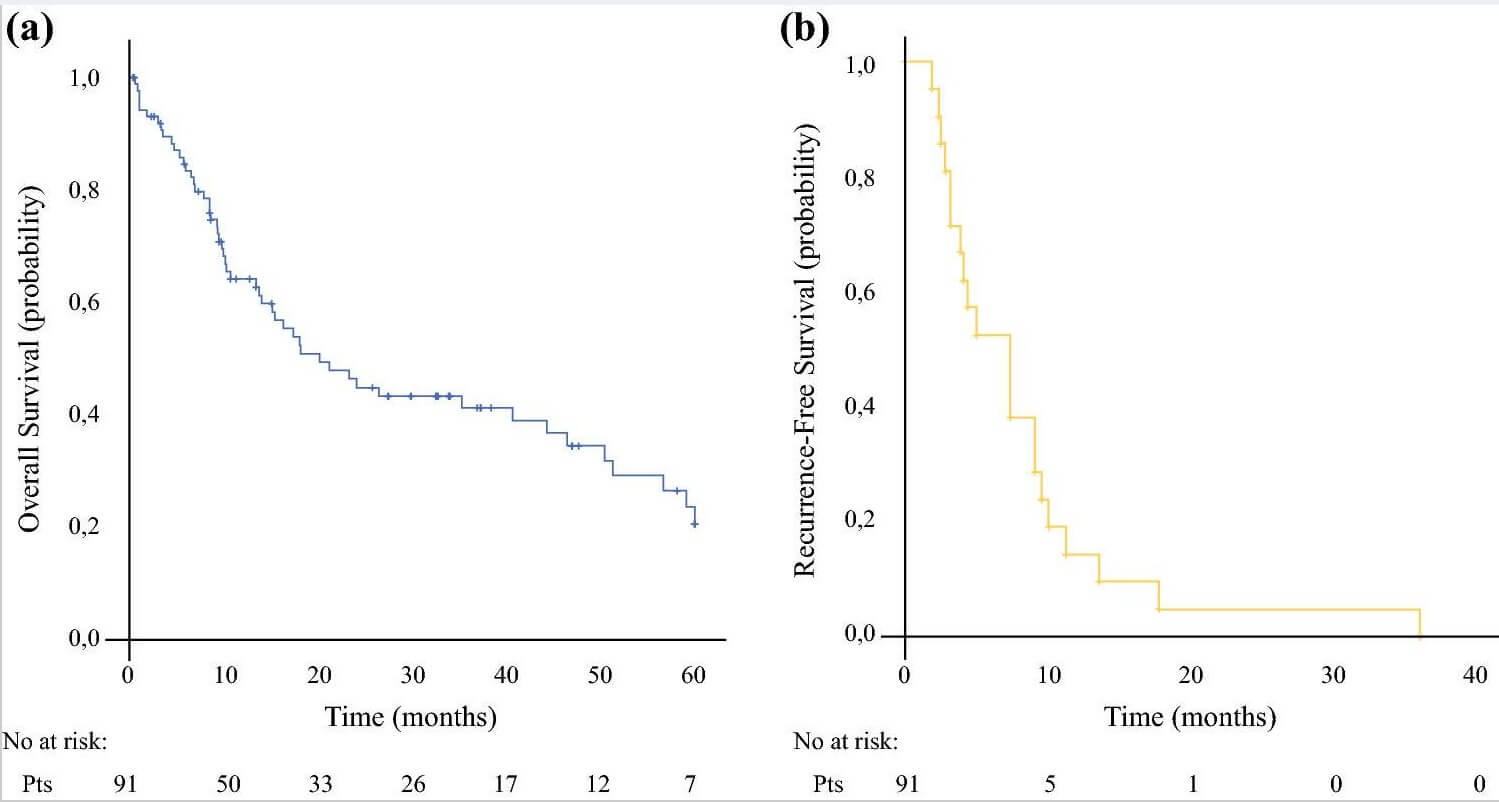 Кривые общей выживаемости (метод Каплана-Мейера) пациентов с метастазами рака желудка в брюшину