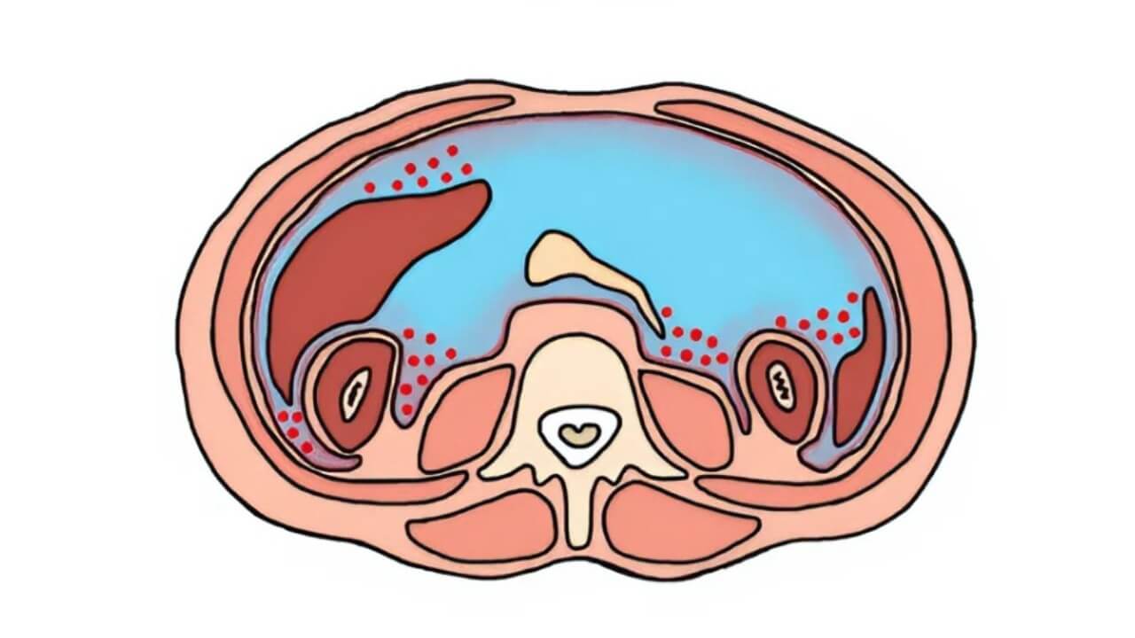 The abdominal cavity filled with a solution