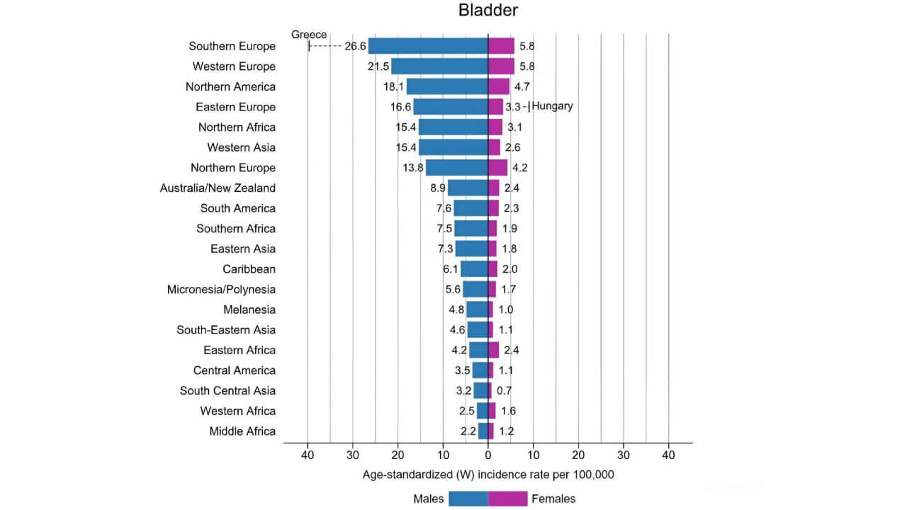 Bladder cancer incidence rates by region and gender in 2020