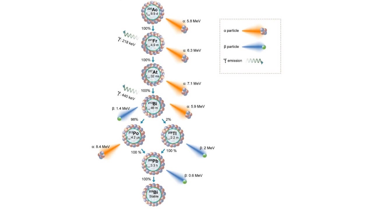 Decay scheme of Ac-225 isotopes showing daughter isotopes, alpha, and beta particle emissions, along with the energies